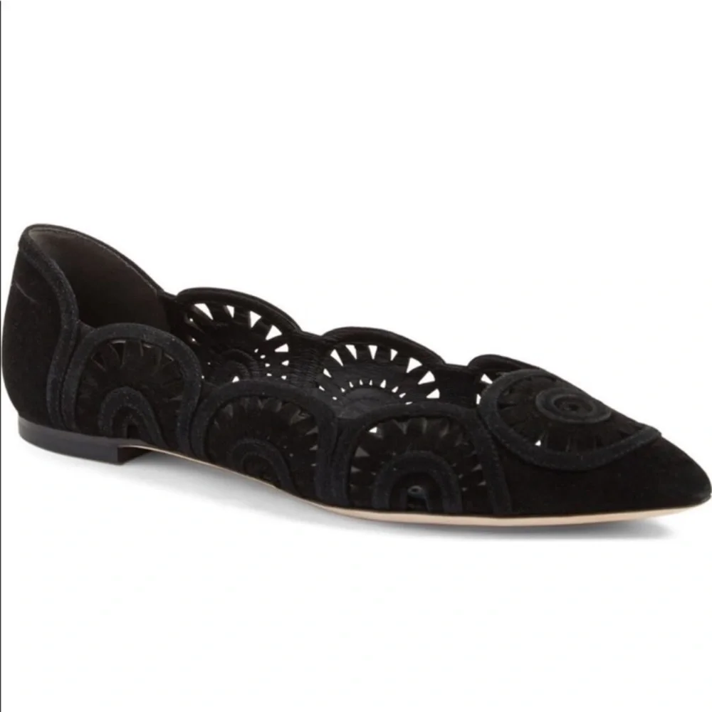 Tory Burch Leyla Suede Laser Cut Black Flat Size 6 NEW